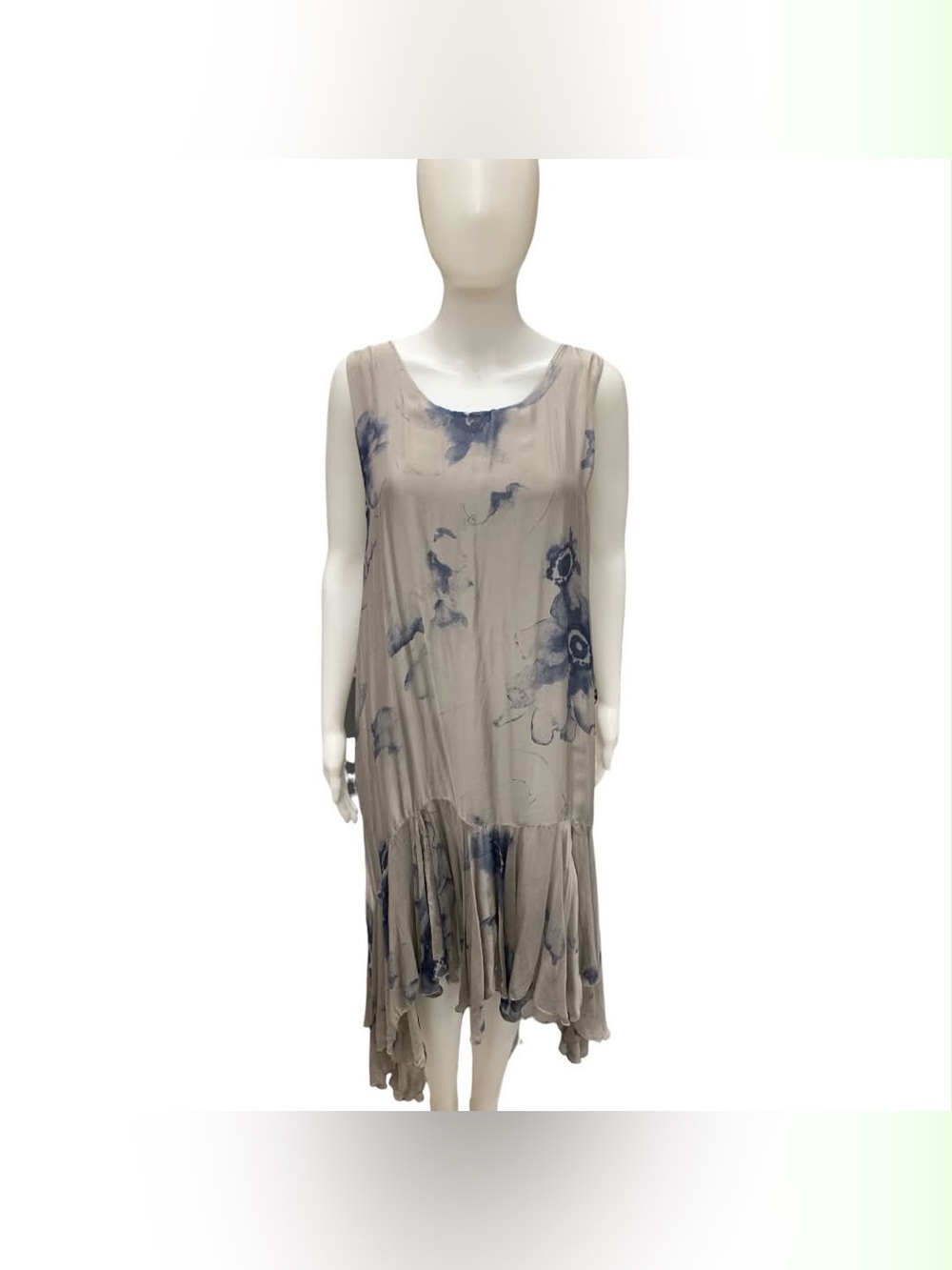 Elena Baldi NWT Sleeveless Taupe Floral Midi Dress with Ruffled Hem Size M